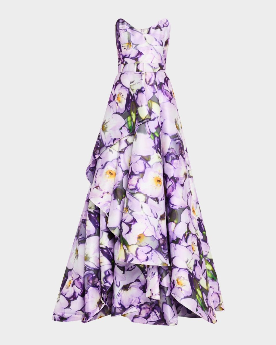 Strapless Floral-Print Ruffle Gown